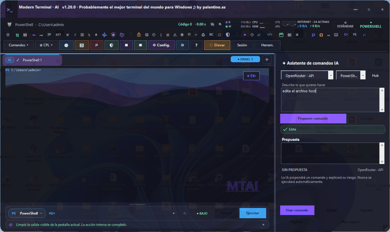 Modern Terminal AI 1.22.0 mostrando terminal, asistente IA y funciones de análisis