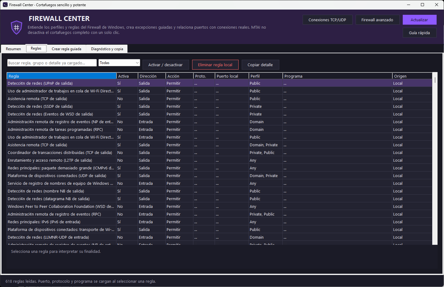Firewall Center de Modern Terminal AI con reglas del Firewall de Windows